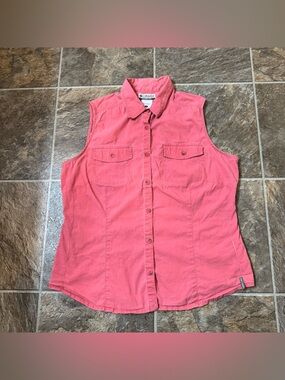 Columbia Women Tamiami Sleeveless Shirt Snap Button Down Pink Large